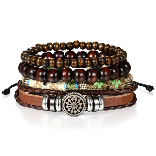 Street Wear Fashion Wooden Beaded Black Brown Leather Bracelets