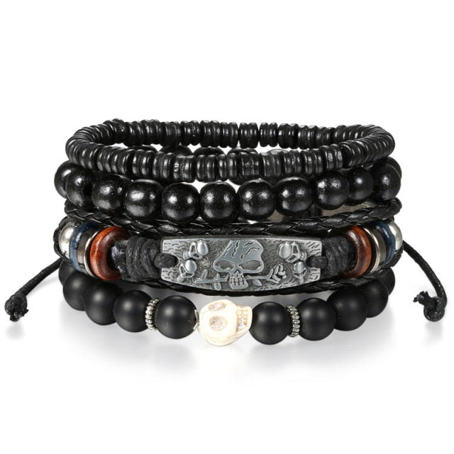 Street Wear Fashion Wooden Beaded Black Brown Leather Bracelets