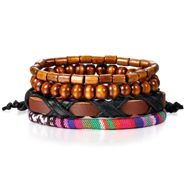 Street Wear Fashion Wooden Beaded Black Brown Leather Bracelets