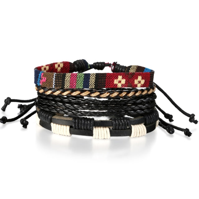 Street Wear Fashion Wooden Beaded Black Brown Leather Bracelets