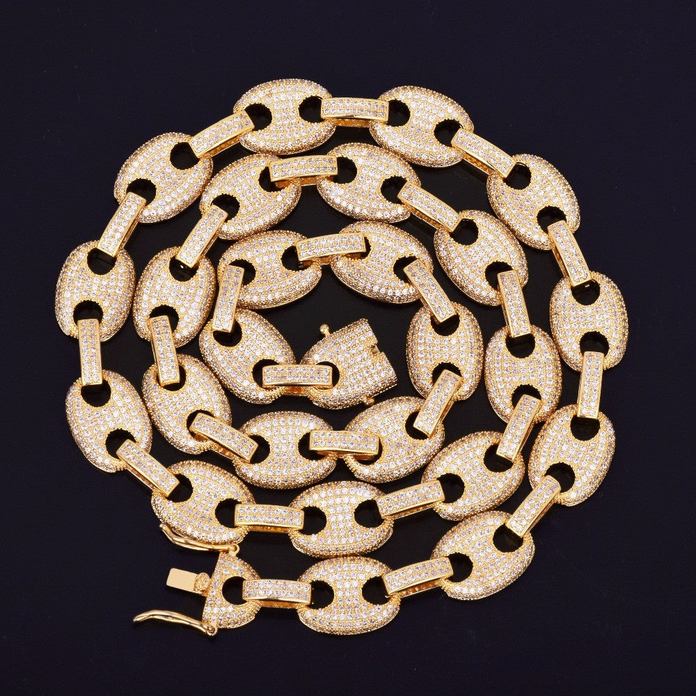 Mens Fooded Ice 12MM 18k Gold Silver Marine G Link Hip Hop Chain Necklace