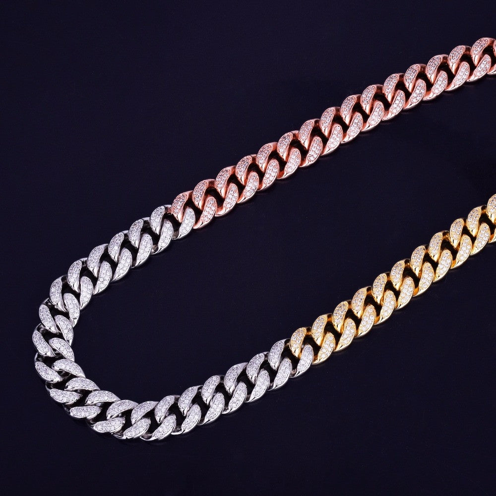 Mens 12mm Iced Out Mixed Color Rose Gold Silver Hip Hop Cuban Link Chain Necklace