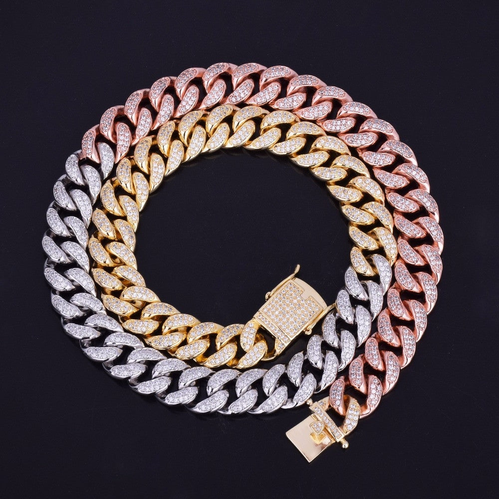 Mens 12mm Iced Out Mixed Color Rose Gold Silver Hip Hop Cuban Link Chain Necklace