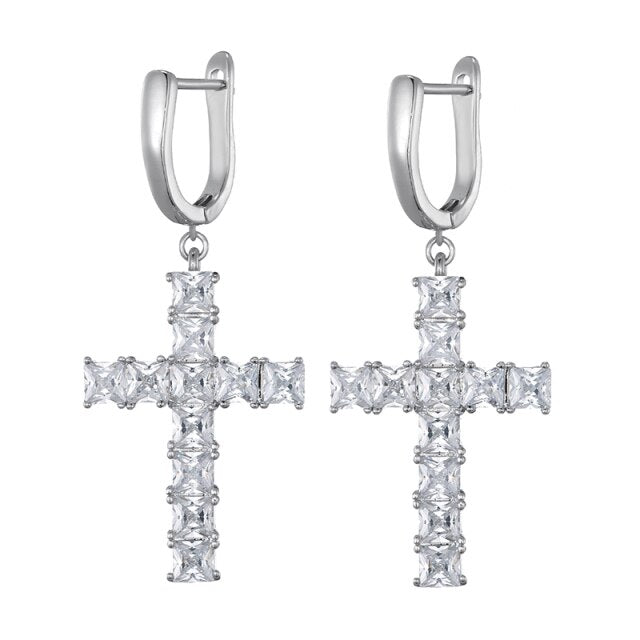 Hip Hop Micro Paved Designer Huggie Cross Flooded Ice Bling Earrings