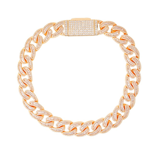 Total Ice White Yellow Gold 18mm Baguette Solid Back Cuban Link Hip Hop Chain Necklaces