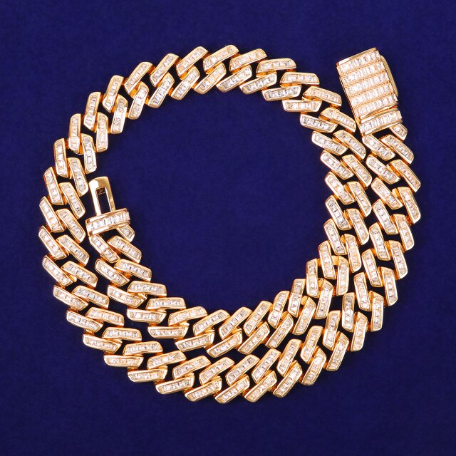 3A Flooded Ice 11mm Solid Baguette 24k Yellow 18k White Gold Miami Cuban Link Chain