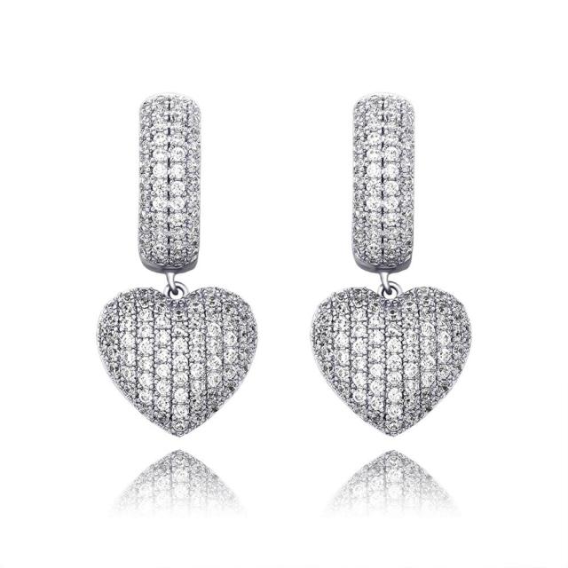 Ladies 5A Micro Pave Huggie Style Bling Bling Heart Earrings