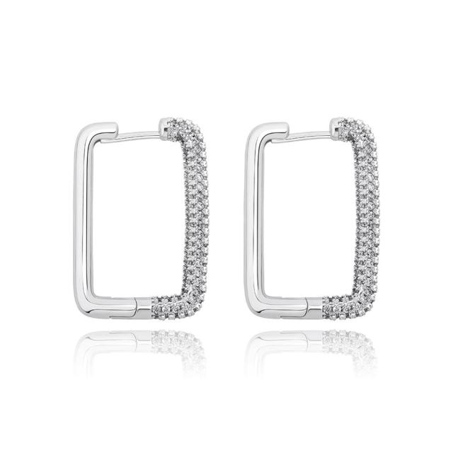 Ladies Square Hoop Cut Street Wear Fashion Flooded Ice Bling Bling Earrings