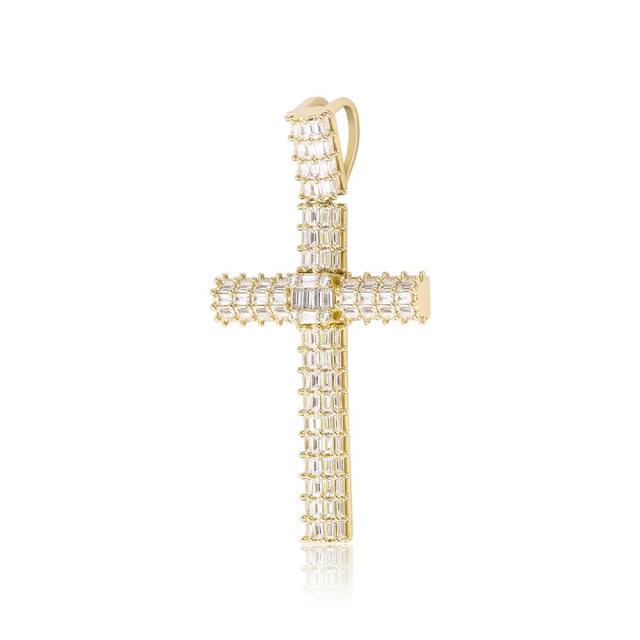 Mens All Baguette Flooded Ice Yellow White Rose Gold Bling Cross Pendant