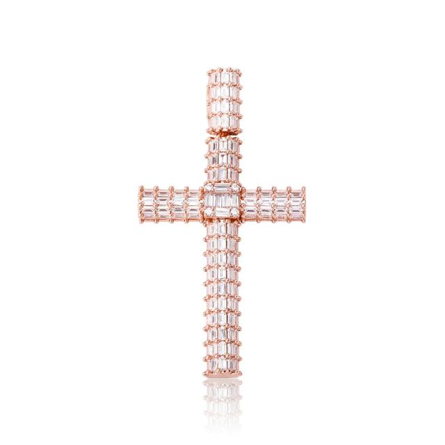 Mens All Baguette Flooded Ice Yellow White Rose Gold Bling Cross Pendant