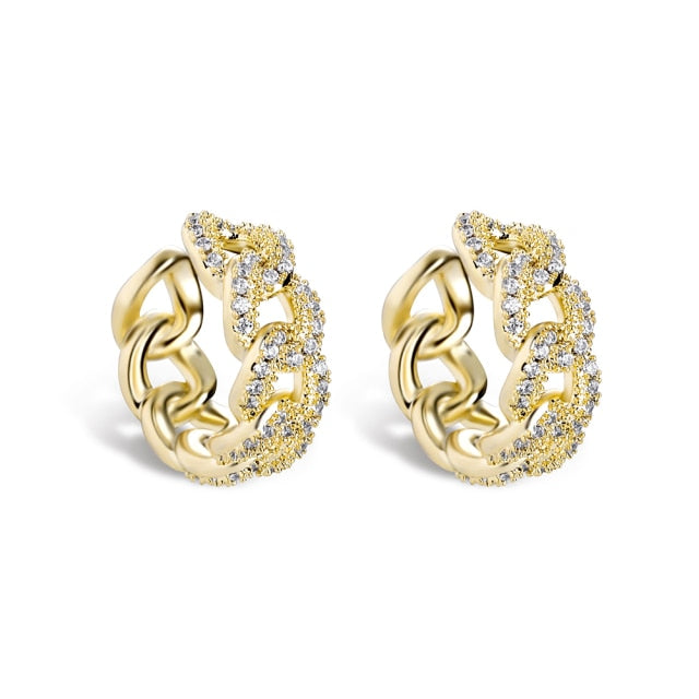 Ladies Bling White Yellow Gold Cuban Link Small Ear Clip Earrings