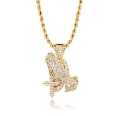Flooded Ice Micro Pave Prayer Hands Cross Hip Hop 14k Gold Pendant Chain Necklace