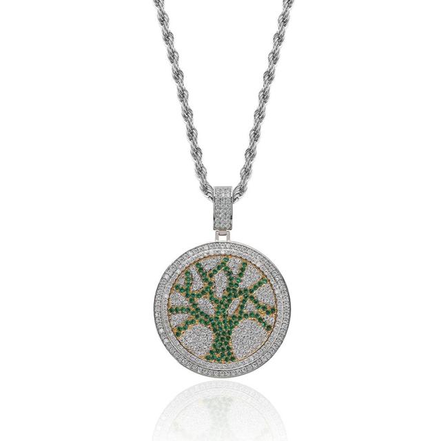 Flooded Ice Tree of Life Rotating Center Piece Hip Hop Pendant Bling Chain Necklace