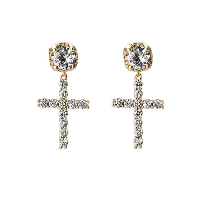 Ladies High Quality Ladies 14k White Yellow Gold Center Stone Bling Cross Drop Earrings