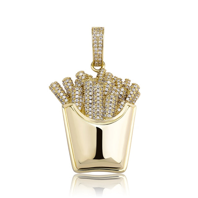 Flooded Ice Full Paved White Yellow Rose Gold Hip Hop French Fries Box Bling Pendant