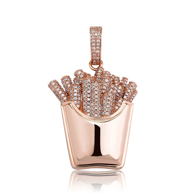 Flooded Ice Full Paved White Yellow Rose Gold Hip Hop French Fries Box Bling Pendant