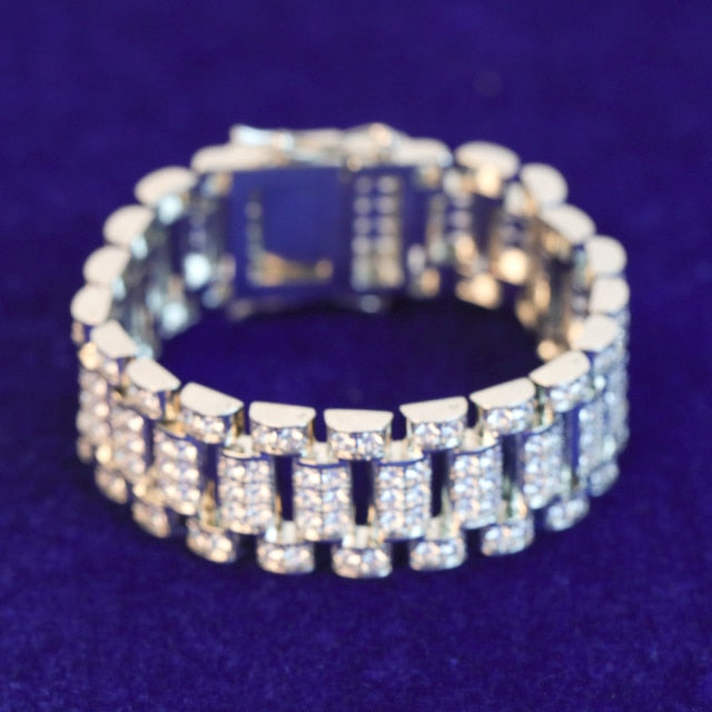 The Iced Prestige | Flooded Ice Cluster Stone Watch Style Thick Band Mens Bracelet