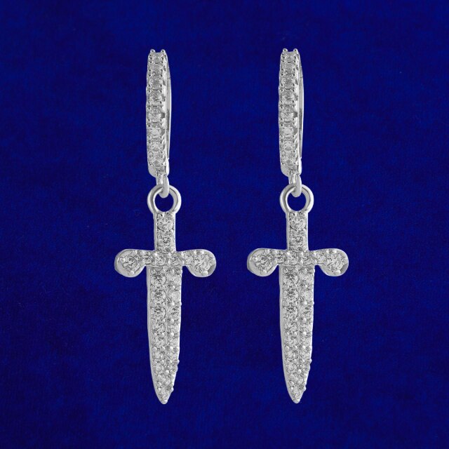 Retro Huggie Dagger | VVS Diamond CZ Hoop Bling 4 Prong Set Stone Dangle Earrings