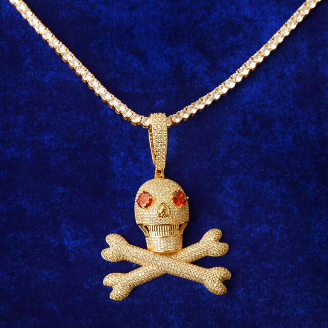 The Dead Zone | VVS Diamond CZ Red Stone Eye Anime Hip Hop Skull and Bones Pendant