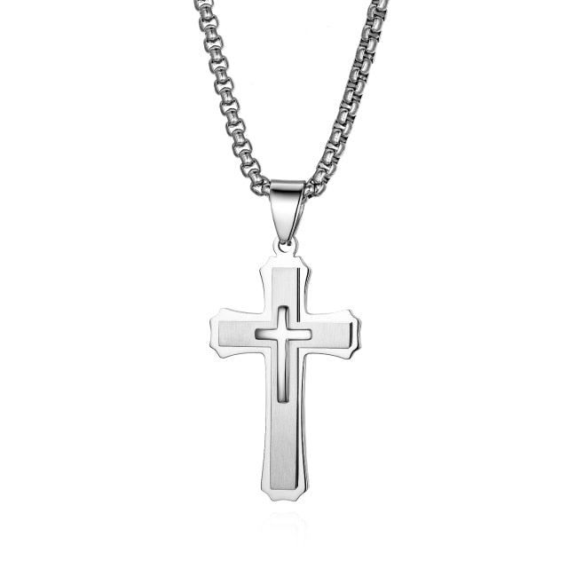 Mens Unique Gold Silver Black over Stainless Steel Crucifix Cross Bling Pendant Chain Necklace