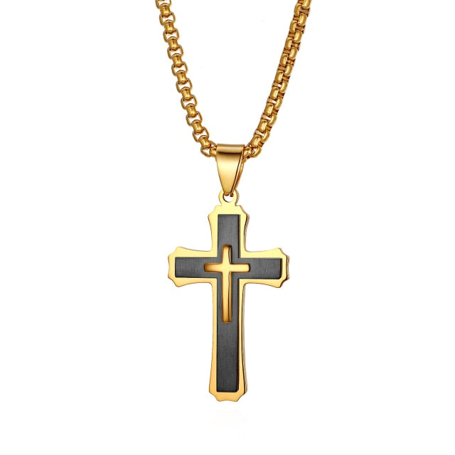 Mens Unique Gold Silver Black over Stainless Steel Crucifix Cross Bling Pendant Chain Necklace