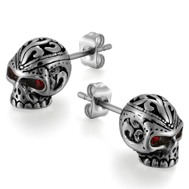Red Eye Stainless Steel Skull Head Punk Fashion Bling Earrings
