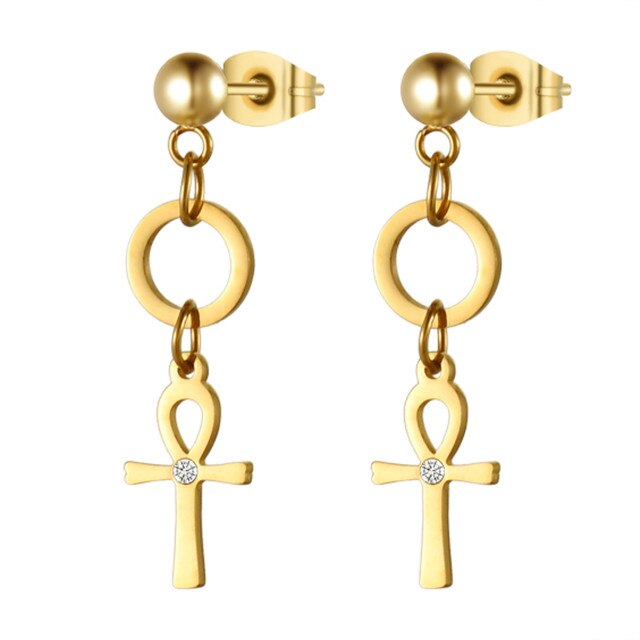 Dangle Ankh Cross Ancient African Black Silver 14k Gold over Stainless Steel Unisex Earrings