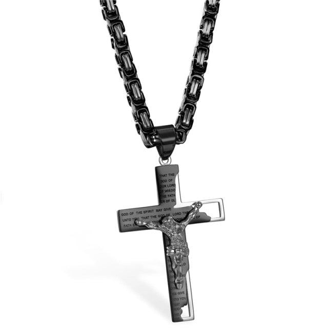 The Lords Prayer Luxury Black Silver Gold over Stainless Steel Jesus Crucifix Cross Pendant Chain Necklace