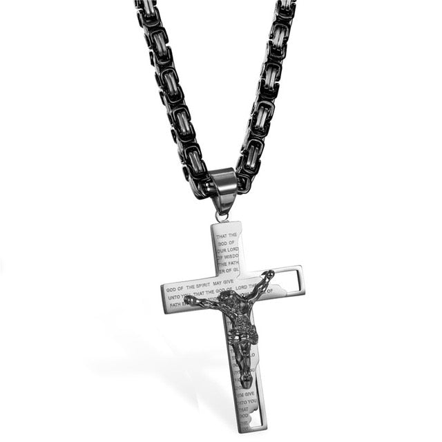 The Lords Prayer Luxury Black Silver Gold over Stainless Steel Jesus Crucifix Cross Pendant Chain Necklace