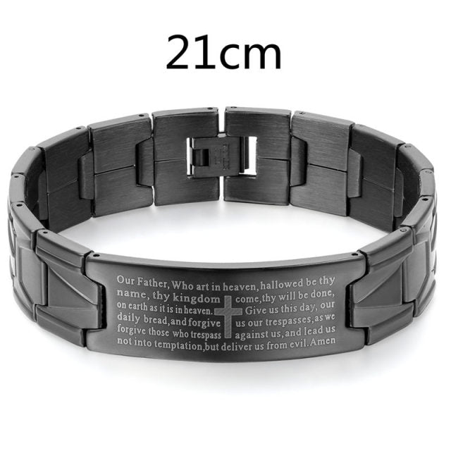 Polished Black Stainless Steel Mens Lords Prayer High Fashion Bracelets