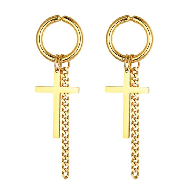 14k Gold Silver Black Cross Chain Hoop Stainless Steel Non Pierced Clamp Bling Earrings