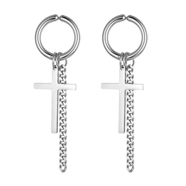 14k Gold Silver Black Cross Chain Hoop Stainless Steel Non Pierced Clamp Bling Earrings