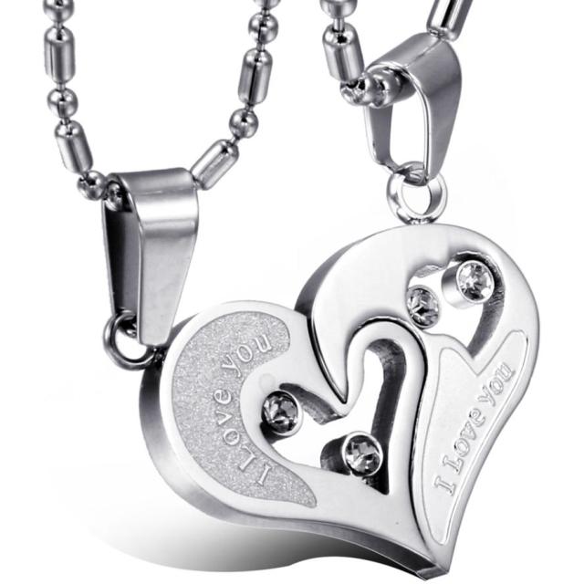 2 Piece Matching Couples Lovers No Tarnish Stainless Steel I Love You Heart Chain Necklace
