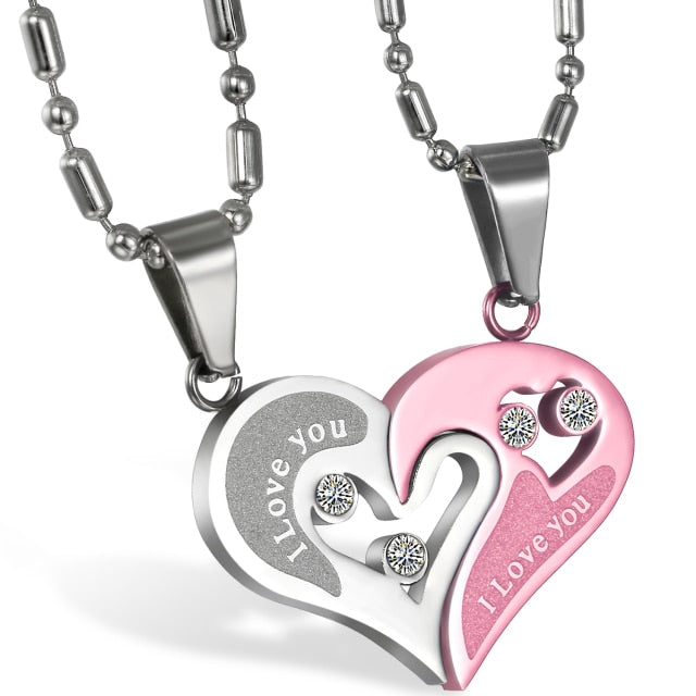 2 Piece Matching Couples Lovers No Tarnish Stainless Steel I Love You Heart Chain Necklace