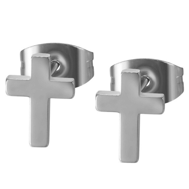 Mens 14k Gold Silver Black Solid No Tarnish Stainless Steel Prayer Cross Earrings