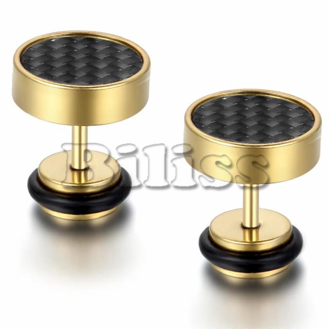 Stainless Steel Illusion Carbon Fiber Tunnel Plug Gold Silver Black Stud Screw Back Earrings