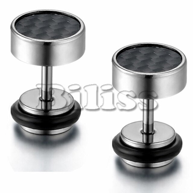 Stainless Steel Illusion Carbon Fiber Tunnel Plug Gold Silver Black Stud Screw Back Earrings