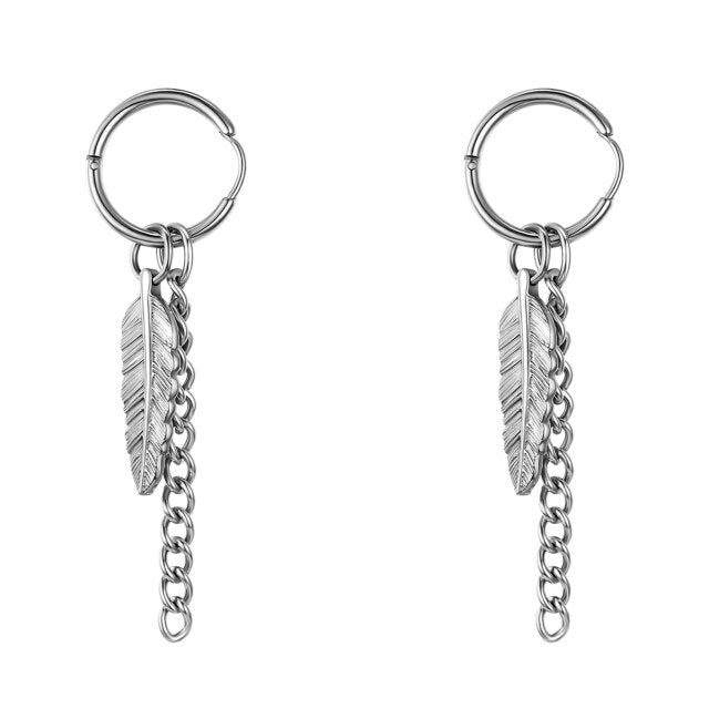 Black 14k Gold Silver over Stainless Steel Tribal Feather Leaf Earrings