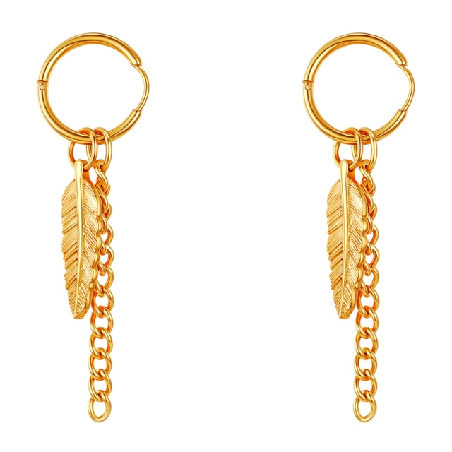 Black 14k Gold Silver over Stainless Steel Tribal Feather Leaf Earrings