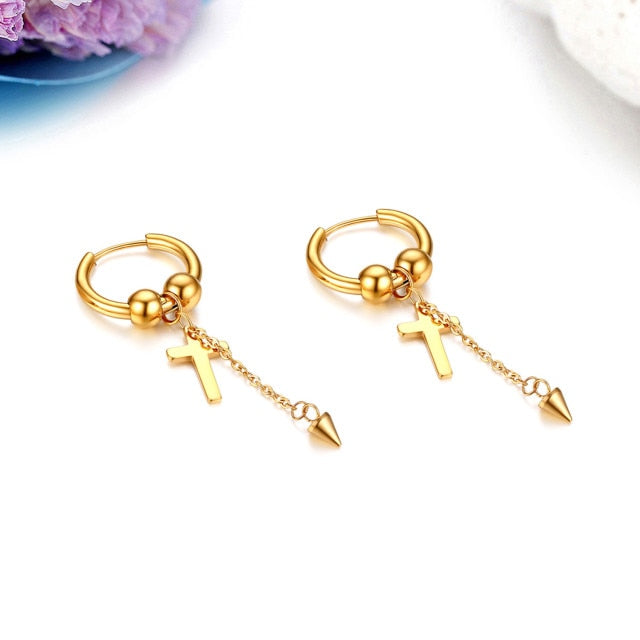 Cross Dangling 14k Gold Silver Black over No Tarnish Stainless Steel Earrings