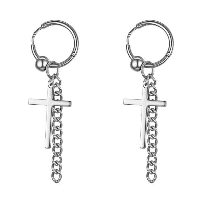 14k Gold Silver Black Stainless Steel Hoop Cross Earrings