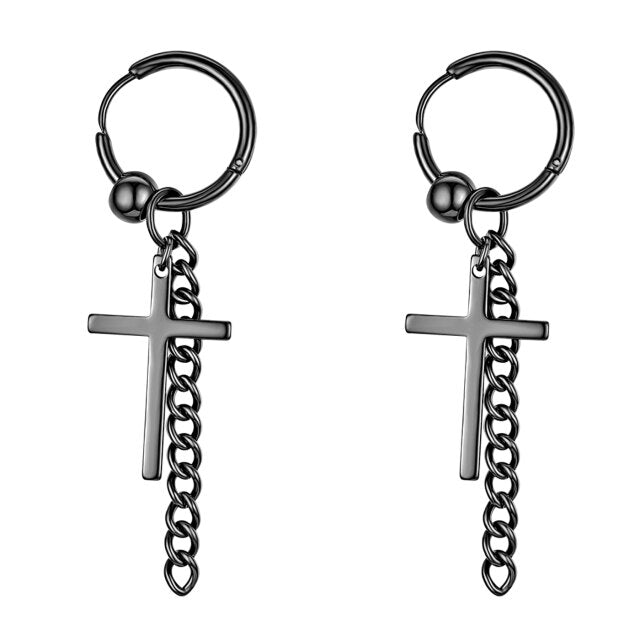 14k Gold Silver Black Stainless Steel Hoop Cross Earrings