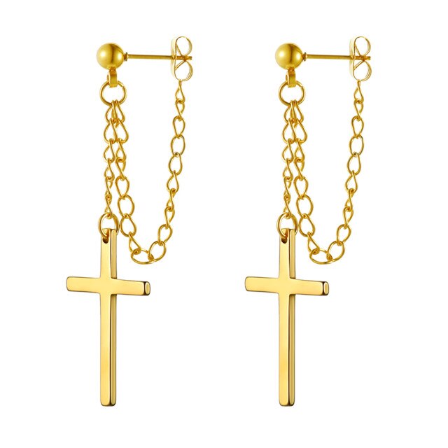 Retro Dangling Stud Cross Gold Black Silver Stainless Steel Chain Earrings