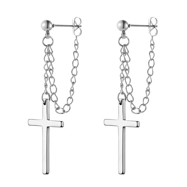 Retro Dangling Stud Cross Gold Black Silver Stainless Steel Chain Earrings