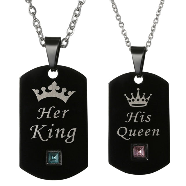Couples Bling CZ Her King His Queen Lovers Stainless Steel No Tarnish Dog Tag Pendant Chain Necklace