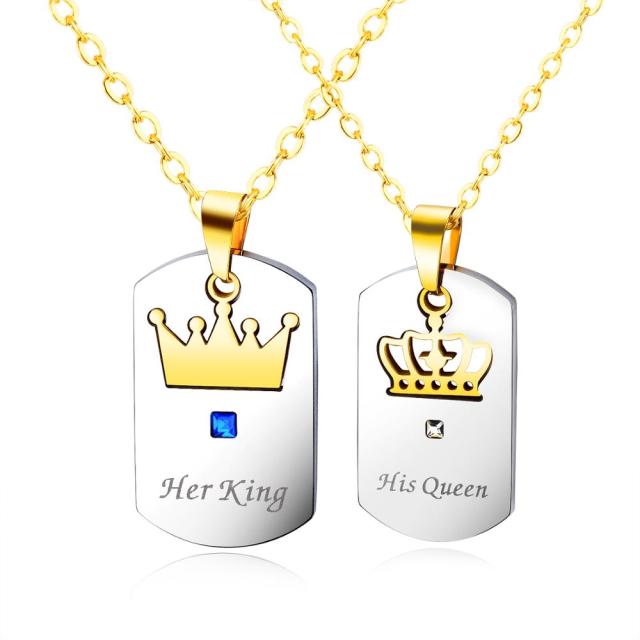 Couples Bling CZ Her King His Queen Lovers Stainless Steel No Tarnish Dog Tag Pendant Chain Necklace