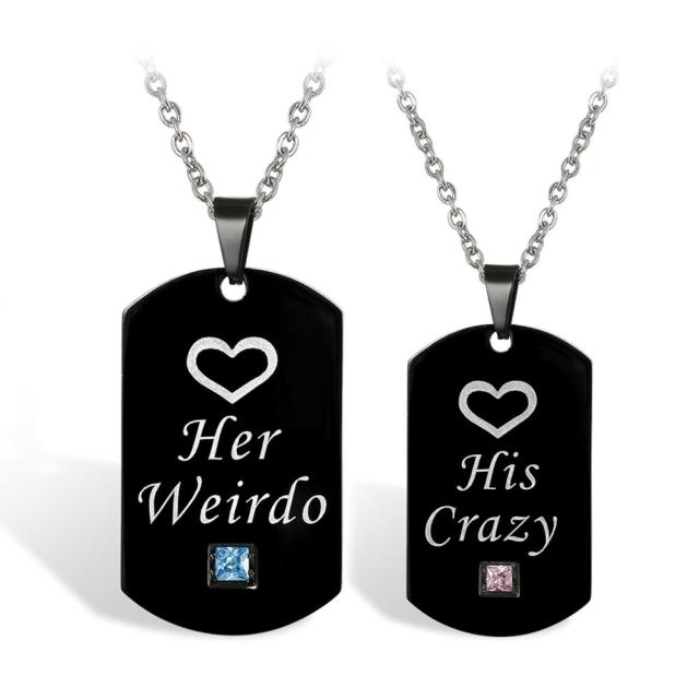Couples Bling CZ Her King His Queen Lovers Stainless Steel No Tarnish Dog Tag Pendant Chain Necklace