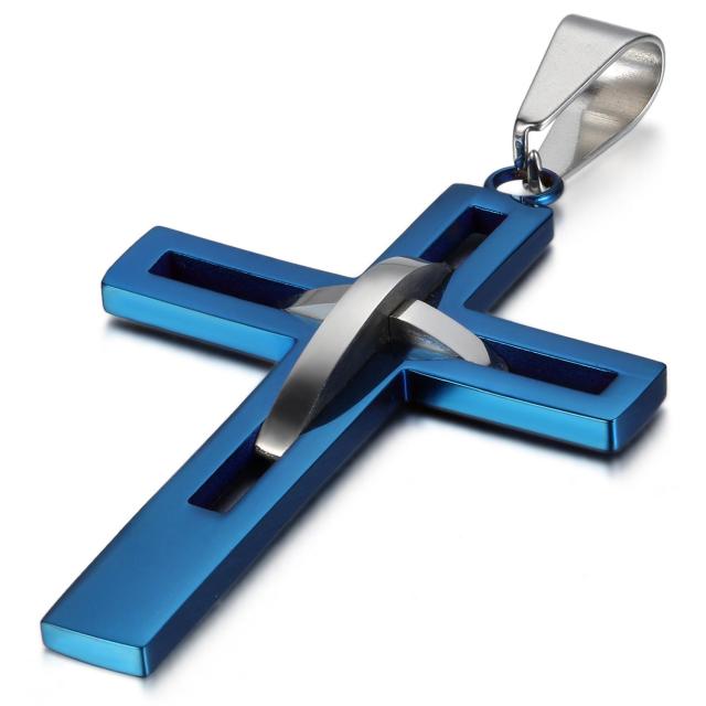 Retro Stainless Steel Gold Black Blue Silver Christian Cross Pendant Chain Necklace