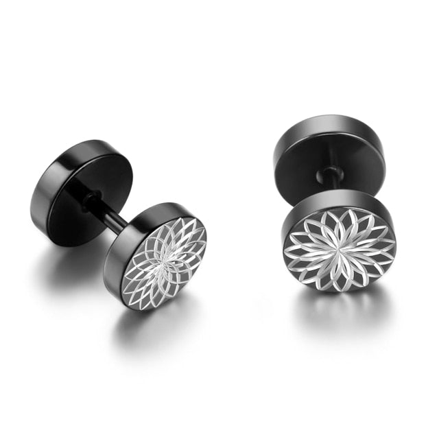 Mens Barbell Dumbbell Cyclone Design Silver Black Blue Stainless Steel Earrings