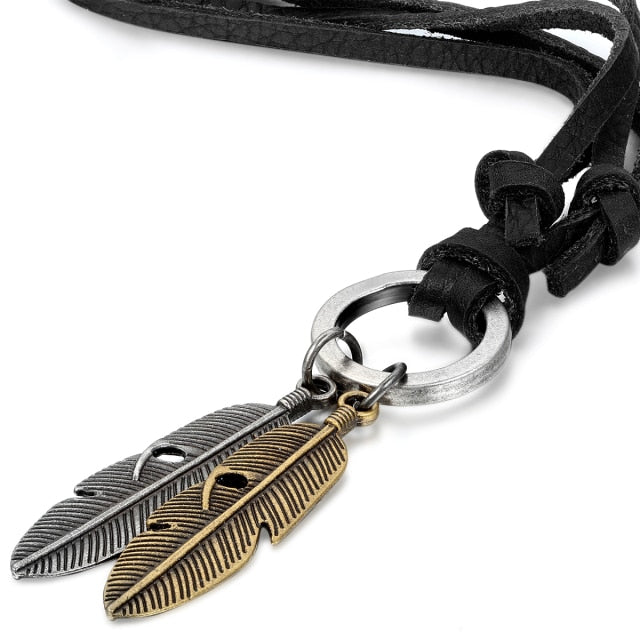 Antique Look Bronze Angel Tribal Feather Stainless Steel Leather Cord Chain Necklace